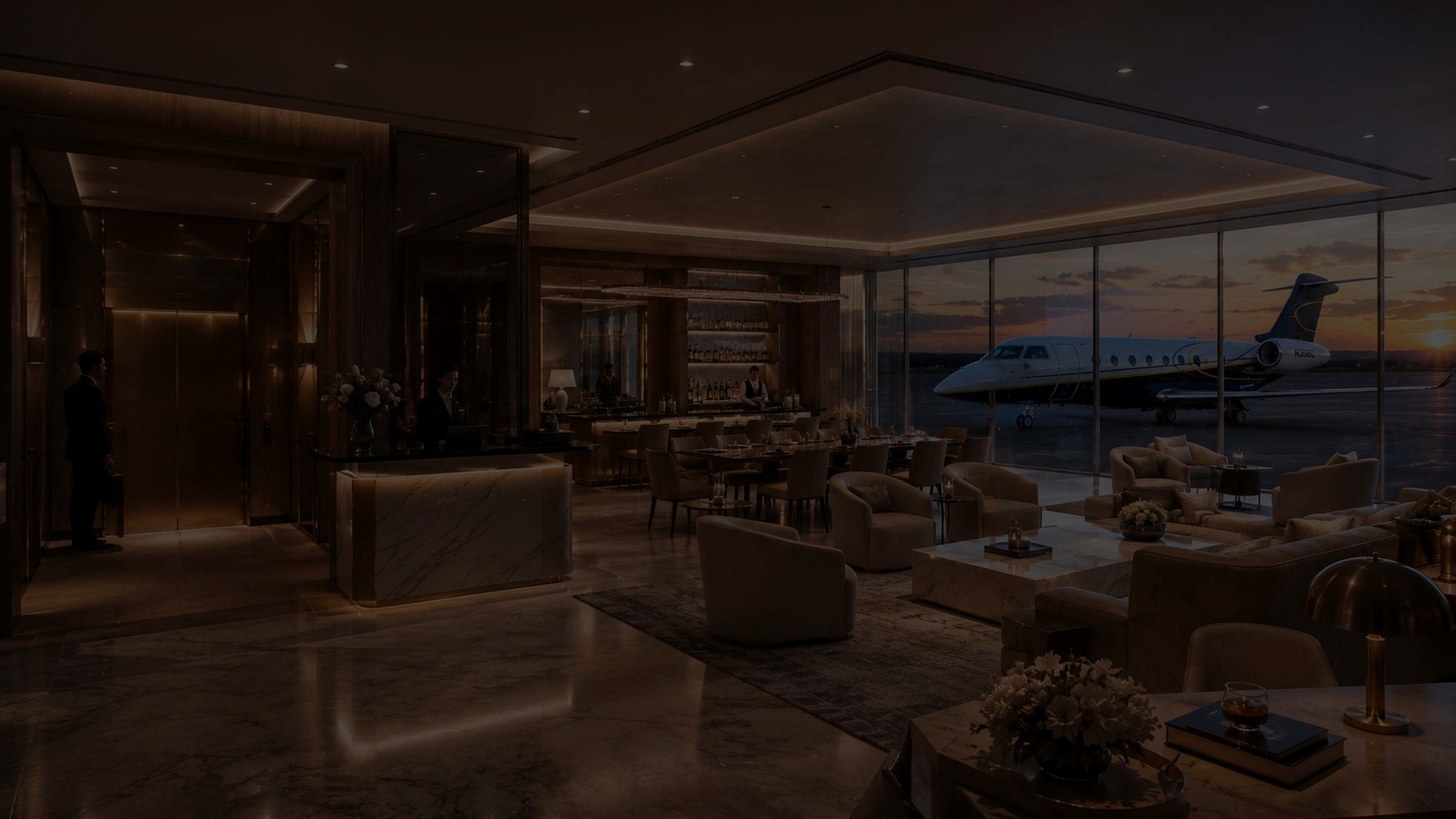 Private aviation lounge with aircraft beyond the glass